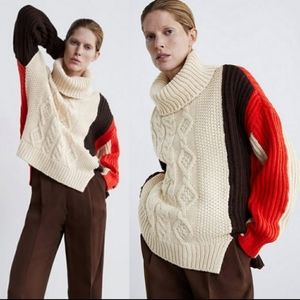 Zara Color Block Cable Knit Turtleneck Sweater SzM
